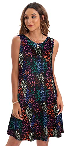 Summer Dresses For Women Beach Floral Tshirt Sundress Sleeveless Pockets Casual Loose Tank Dress(Black Colorful,L) #TOP2