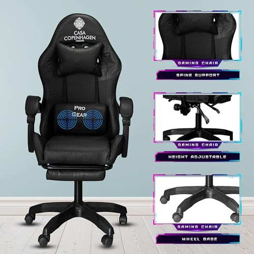 Image of Casa Copenhagen Designed in Denmark,High-Back Italian Leather Gaming Ergonomic Chair with Advanced Mechanism & Electric Back Massager, Memory Foam Seating & Multi Function Arm-Rest - Black & Black