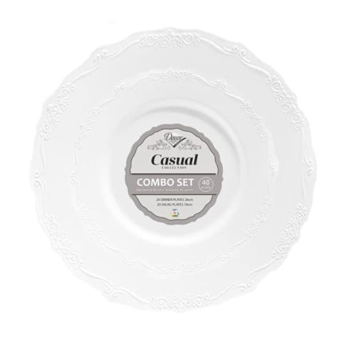 Decor Decorline - Set di piatti riutilizzabili da 40 pezzi - Bianco - Stoviglie vintage di alta qualità da collezione casual - Aspetto porcellana cinese - Servizio per tutte le occasioni e feste