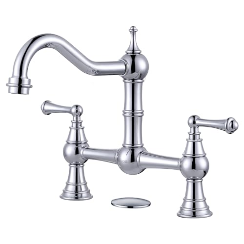 WOWOW Chrome Kitchen Faucet for Sink 2 or 3 Hole Solid Brass Kitchen Sink Faucet, 8 inch Centerset Bridge Faucet for Kitchen Sink, 2 Handles Classic Heritage Bridge Kitchen Faucet