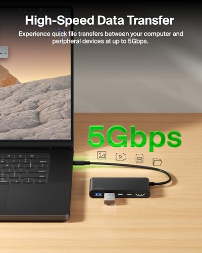 Image of Belkin USB C Hub, 5-Port Hub with 4K HDMI Display @ 60Hz, 100W Power Delivery, Fast Data Transfer 5Gbps, USB C Multiport Adapter for iPad Pro, Chromebook, Neo MacBook Accessories with HDMI 2.0 Port
