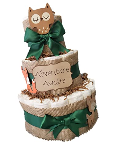 Woodland Theme Adventure Diaper Cake - 3 Tier - Baby Shower Gift - Brown Green - Fox Deer Owl