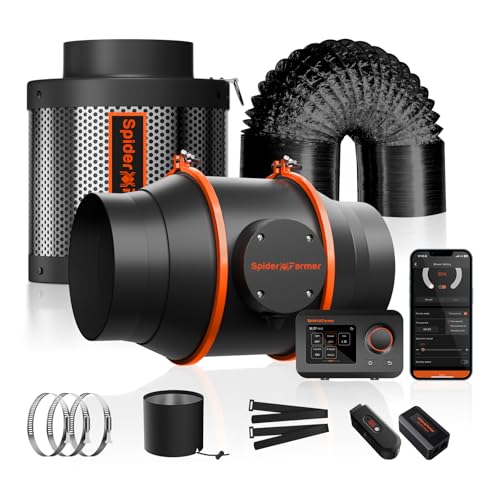 Spider Farmer Smart Air Filtration Kit 6", Inline Duct Fan, GGS Temperature Humidity Controller with WiFi App Control, Carbon Filter Combo, 25Ft Ducting, Ventilation System for Grow Tent, Hydroponics