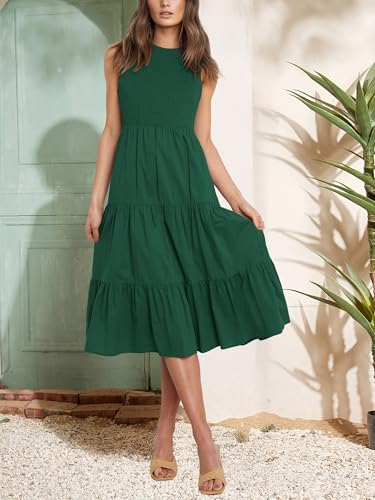 Image of Atizon Womens Summer Sleeveless Dresses with Pockets Smocked Tiered Midi Beach Sundress