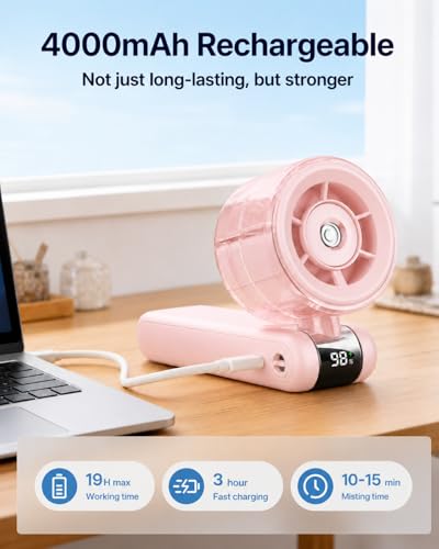 Image of Sevenaire S42 Portable Hand Fan with Mist, Hand fan for summer, High Speed & LED Display - Personal Fans Portable Rechargeable, 12000 RPM Turbo Mini Fan for Travel, Outdoor, Home, Office (SoftPink)