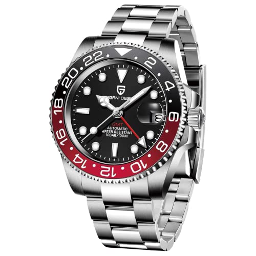 パガ－ニデザイン メンズ腕時計 GMT針 自動巻き 日本製 ムーブメント ダイバーズ 機械式 ケース 付き 防水 セラミックベゼル ビジネス 仕事用 ドレスウォッチ ステンレススチール ベルト サファイアガラス PAGANI DESIGN PD-1662 レッド/ブラック
