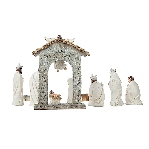 Image of Glitzhome Nativity Sets Ivory 11Pcs Resin Nativity Figurines Sets for Christmas Indoor, Removable Angel Holy Family Statues Christian Nativity Tabletop Scenes Ornaments Church Decor 8 inch x 20.75 inch