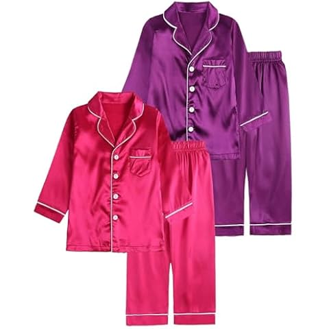 LANKMEI 4 Pieces Kids Silk Pajamas Set Long Sleeve Button-Up Top + Long Pants, Satin Pajama Set for Boys and Girls, Rose Pink/Purple, 10-11Years Cover