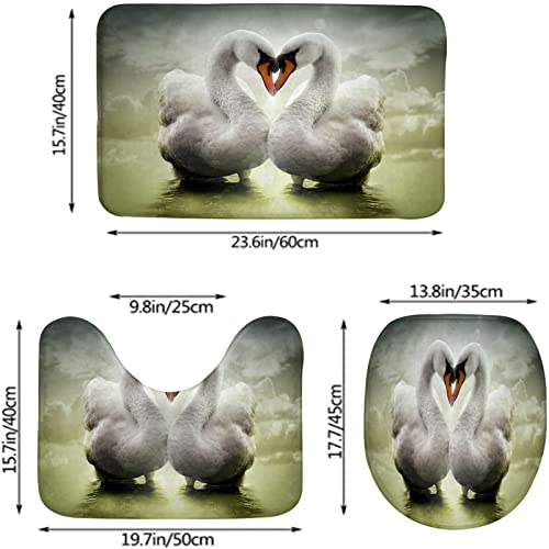 Badezimmerteppich-Set, 3-teilig, Zwei verliebte Schwäne im grünen Wasser des Teichs, waschbarer Badeteppich, rutschfest, mit Rückenpolster, Konturteppich und Toilettendeckelbezug – Bild 4