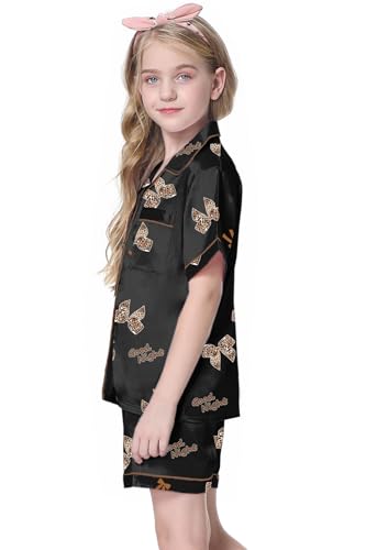 Image of Schbbbta Girls Womens Pajamas, Satin Silky Pjs Set Kids 2Pcs Button-Down Nightwear Sleepwear Gift for Mommy and me