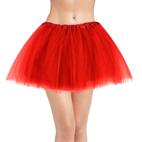 Tütü Damen Rot Erwachsene Tüllrock Rot Damen Stretch 3 Lagen Tüll Ballettrock Karneval Kostüm Party Zubehör Urlaub Tanz Halloween Laufrock 80er...