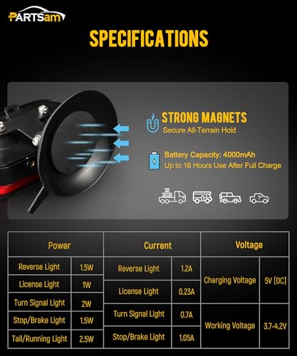 Image of Partsam Wireless LED Trailer Light Kit 4000mAh Battery, Portable Magnetic Rectangle Stop Turn Reverse License Towing Tail Lights w /Metal Bracket 7-Pin Plug for Trucks Trailers 12-24V IP67 Waterproof
