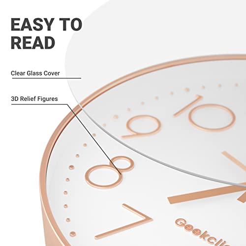 Geekclick 12" Wall Clock [Battery Included], Silent & Large Wall Clocks For Living Room/Office/Home/Kitchen Decor, Modern Style & Easy To Read - Rose Gold & White #TOP3