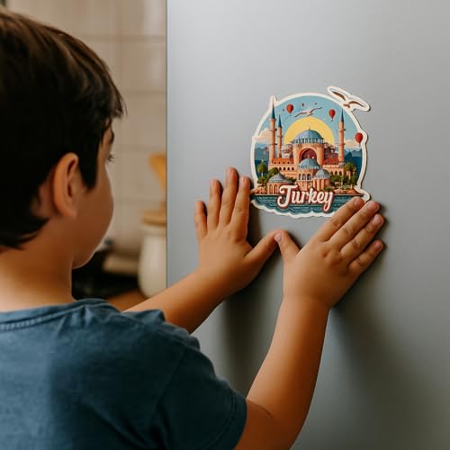 Image of Naxon Turkey Souvenir Wooden Fridge Magnet - 3x3 Inch Travel Collectible Refrigerator Magnet | Hagia Sophia, Cappadocia & Istanbul Skyline Design | Home Kitchen Decor & Gift | Pack of 1