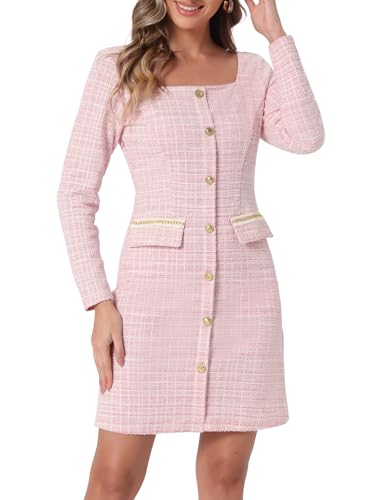 Allegra K Tweed Dress for Women's Long Sleeves Square Neckline Knee Length Dresses with Pockets Small Pink