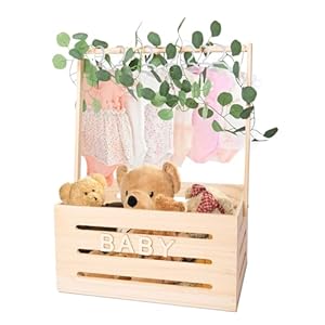 Wooden Baby Shower Crate Closet Baby Basket with Hangers Letters Leaf Eucalyptus Rattan and String Lights Storage Crate Hamper Baby Personailzed Basket for Pregnancy New Parent