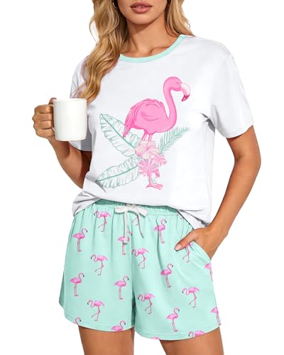 Kallenorox Womens Pajama Sets Short Sleeve Summer Flamingo Pajamas for Women Comfy Sleepwear with Pockets Ladies Cute Green Pjs 2 Piece Casual Lounge Set Size L
