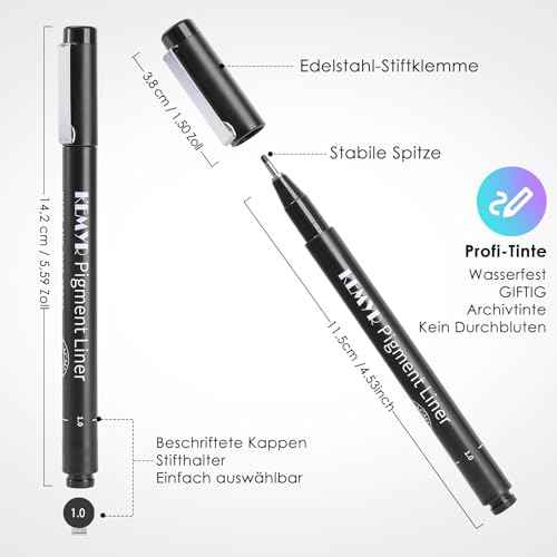 KEMYR Fineliner Schwarz set, Pigment Liner Set,Wasserfest Zentangle stifte für Künstler, Illustration, Skizzen, Technisches Zeichnen,Schwarz (0.03mm-L) 22 Stück Kalligraphie Stifte&Fineliner