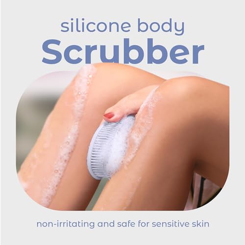 Image of MainBasics Exfoliating Silicone Body Scrubber Pro 2-in-1 Shower Scrubber for Body Care, Silicone Loofah and Massager (Light Blue, Body + Massage)