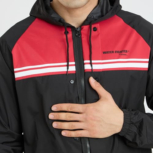 Image of Water Fighter by ZEEL Rain Coat for Men with Adjustable Hood, Polyester Waterproof Full Sleeves, Top and Bottom Set Rainwear, Front Zip with Snap Button Flap (EWFPOD, Black-Red, XL)