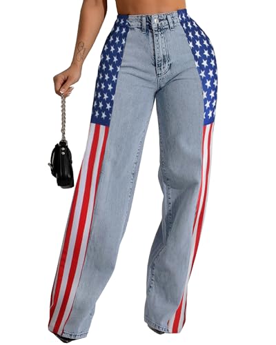 Women’s Jeans with American Flag Patchwork Stripes High Waist Loose Straight Wide Leg Denim Pants