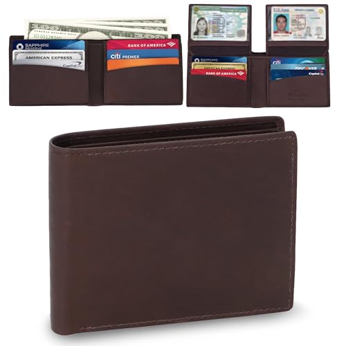 Image of ROGUE WALLET Mens Leather RFID Blocking Wallet for Men - Genuine Top Grain Cow Leather Bifold, 12 Credit Card Slots, 2 ID Windows, Traditional Hip Pocket Billfold - Secure RFID Protection (Brown)