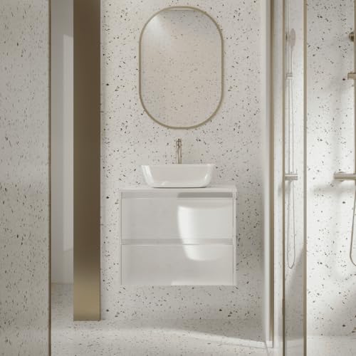 Mueble de Baño Suspendido Fondo Reducido con Lavabo Sobreponer Cerámico para Aseos | Mueble Volado 2 Cajones | 70 cm Blanco Brillo