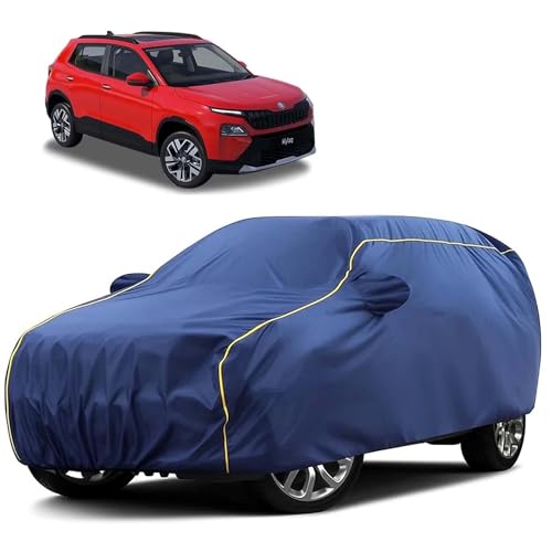 Image of Sulfar 100% Water Resistant Car Body Cover Compatible with Mirror for Skoda Kylaq (Triple Stitched, Full Bottom Elastic, Blue Tafetta with Yellow Piping)