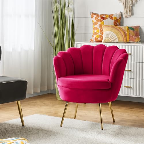 Image of HULALA HOME Modern Velvet Accent Chair with Shell Shaped Back, Cute Living Room Bedroom Armchair Sofa Chair with Gold Legs, Comfy Upholstered Vanity Chair for Makeup Room, Fushia