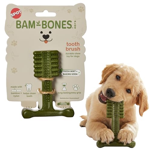 SPOT Bam-Bones Plus, spazzolino da denti da masticare per cani, in fibra di bambù resistente e nylon da masticare, menta fresca e bicarbonato di sodio per la cura dentale, facile da impugnare, a forma