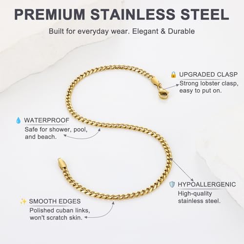 Image of Fiusem Silver Tone / 18k Gold Plated Anklet for Women, 3.5mm Stainless Steel Cuban link Chain Anklets for Women, Women's Anklets 9 inch /10 inch /11 inch