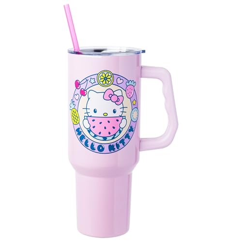 Image of Silver Buffalo Sanrio Hello Kitty Summer Kawaii Fruits Double Walled Stainless Steel Tumbler with Handle, Fits in Standard Cup Holder, 40 Ounces