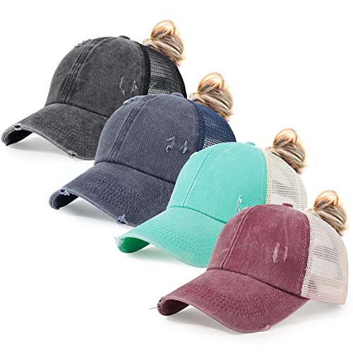 Image of HH HOFNEN Ponytail Hat for Women Washed Distressed Baseball Cap Ponycaps
