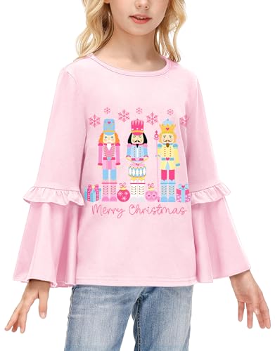 Image of BesserBay Girls Christmas Long Bell Sleeve Ruffle Tunic Top 4-12 Years