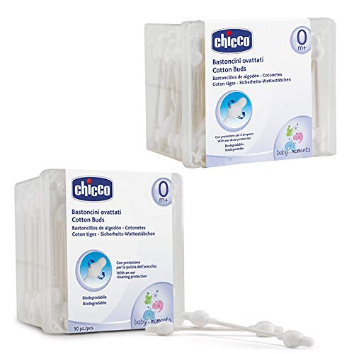 Chicco - Confezione da 180 cotton fioc di sicurezza per neonati e bambini, in puro cotone, made in Italy