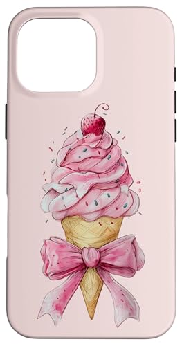 アイスクリームコーン ストロベリーガール ピンク コケット リボン スマホケース iPhone 16 Pro Max 用