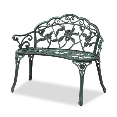 Bonnlo Gartenbank Metall Aluminium Rose, wetterfeste Sitzbank für 2 Sitzer, antike Sitzbank mit Rückenlehne, Bänke für Terrase, Balkon, Garten, Hof, antike Grün
