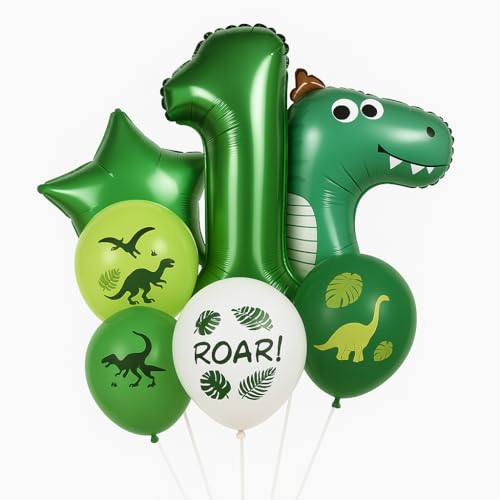 Set de Globos Dinosaurios para Cumpleaños, Globo Gigante, Incluye Decoración Dinosaurios para Fiesta Temática, Cumpleaños y Sesiones de Fotos (7 Piezas - Número 1)