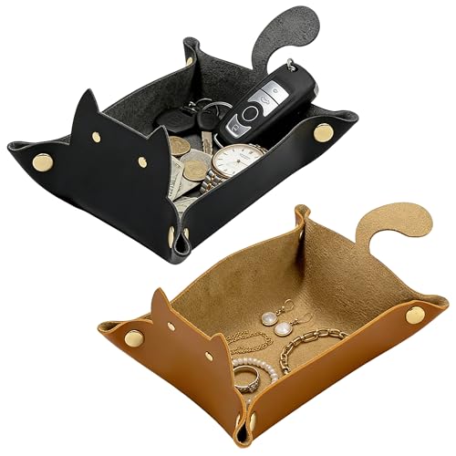 Niuhong 2 Pcs Plateau Bijoux Mignon Cuir Pu Plateau Rangement Pliable Bol Bijoux Stockage Clés Organisateur Tasse Cuir Plateau Rangement Vide Poche Cartoon Bureau Plateau Cuir (chat)