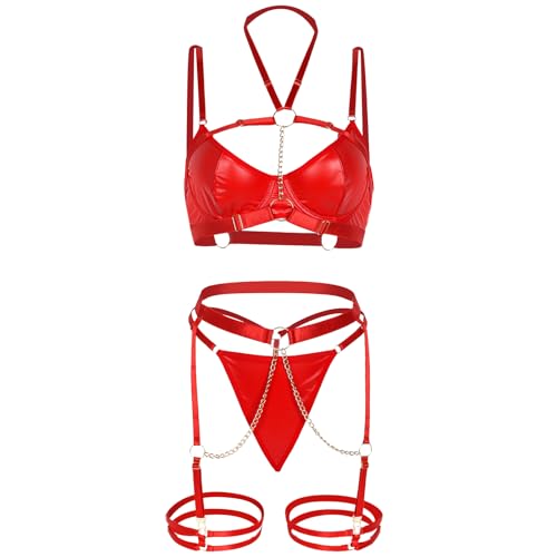 Telooco Conjunto de lingerie Garter Lingerie sexy de 5 peças para mulheres de couro sintético ajustá