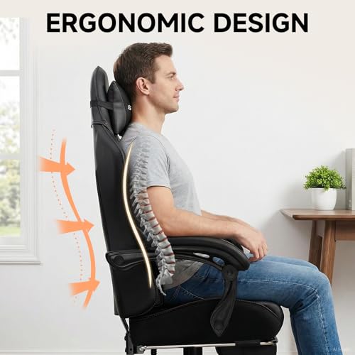Image of GTPLAYER Gaming Chair, High Back Computer Gaming Chair with Footrest, Ergonomic Height Adjustable Office Chair with Removable Cover and Lumbar Support for Gaming & Work (BLK,with Leather Cover)