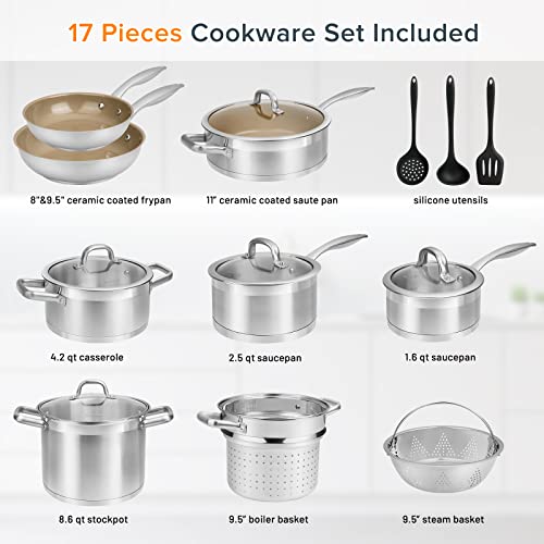 Duxtop 17Pc Professional Stainless Steel Induction Cookware Set, Stainless Steel Ceramic Nonstick Pan Set, Impact-Bonded Technology, Fusion Titanium Reinforced Ceramic Coating, Brown #TOP5