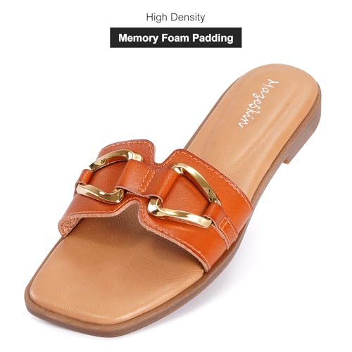 mazeskin Women's Square Open Toe Dressy Slide Sandals Cute Summer Comfortable Flat Slippers with Metal buckle2