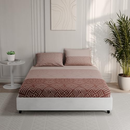 Image of BLISSHOME Everlast 150TC King Size Fitted Bedsheet with 2 Pillow Covers, Aesthetic Bedding, Wrinkle Resistant, 100+ Wash Durable, Quick Dry, Geometric Pattern - Brown (183cm x 198cm + 25cm Drop)