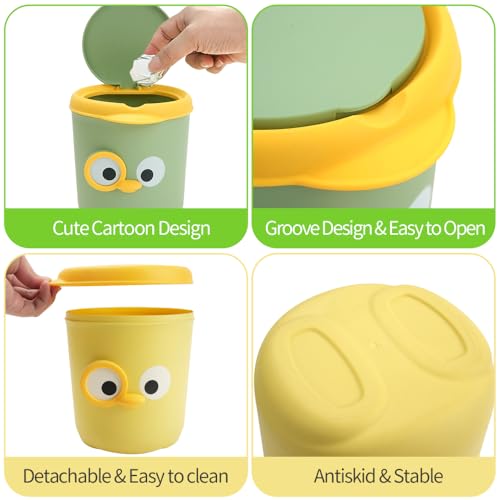 Image of Mini Trash Can, Cute Small Trash Can with Lid, Desktop Paper Bin with 5 Rolls of Bin Liners, Portable Tabletop Dustbin, Cartoon Animal Rubbish Storage for Office Bedroom Desk Car Kitchen (Green)