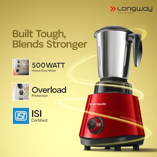 Image of Longway Super Pro Mixer Grinder | 500 Watt Powerful Motor | 3 Jars for Grinding, Mixing, Juicing | 2 Years Warranty (Red & Wine)