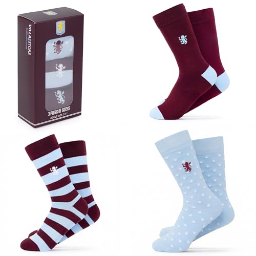 Aston Villa FC Mens 3 Pack Dress Socks Claret & Blue Patterned Luxury Fashion Socks Officially Licensed AVFC Suit Socks Gift Size UK 7-11