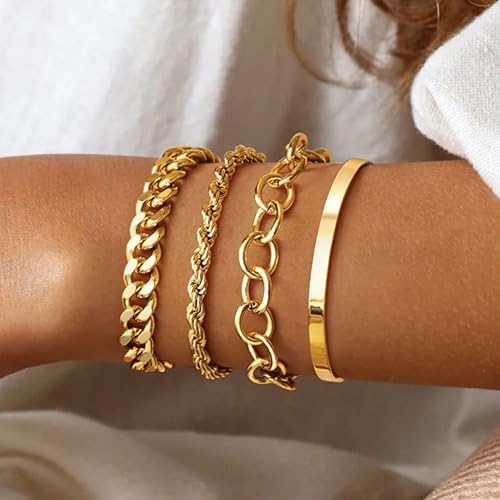 Chunky Gold Link Bracelets for Women Non Tarnish, 14K Gold Plated Bangle Cuff Bracelets Set for Women Trendy Dainty Cuban Paperclip Twist Layered Bracelet Stack for Jewelry Gifts4