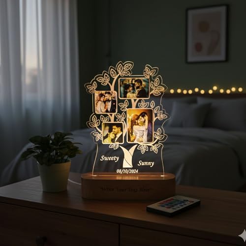 Image of Personalized 3D Illusion Family Tree Photo Night Lamp Gift for Couple Birthday, Brother Sister Anniversary, Wedding, Engagement (28cmx18cm)- Multicolor