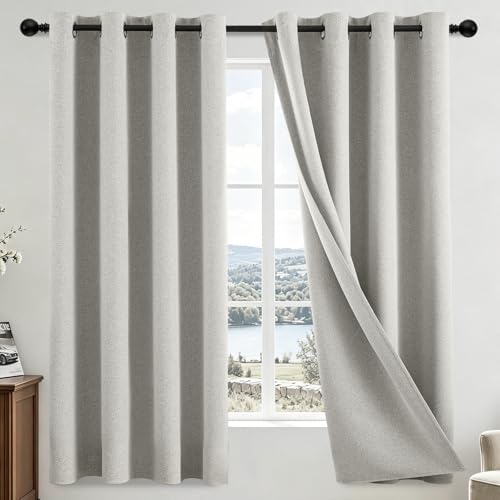 Image of COSVIYA 100% Blackout Cream Linen Curtains & Drapes 63 Inch Length | Light Blocking Full Room Darkening Grommet Insulated Thermal Window Panels for Bedroom /Living Room,52x63 inches,2 Panels